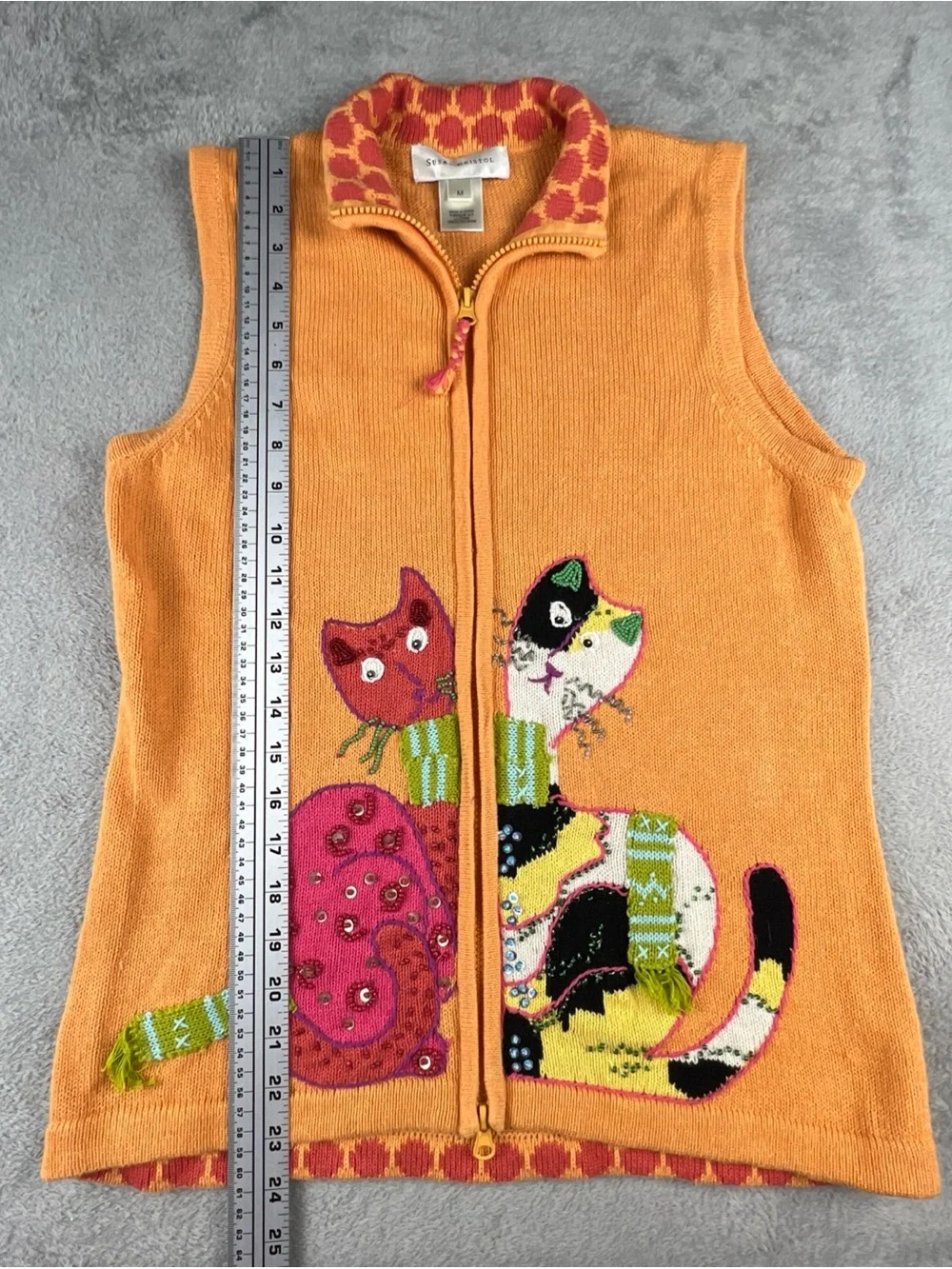 Susan Bristol Cats Sweater Vest M Kitten Embroidered Beaded Full Zip Colorful